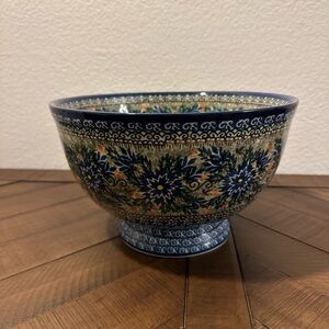 Polish Pottery Boleslawiec Poland Unikat Large Floral Blue Ceramic Bowl EUC